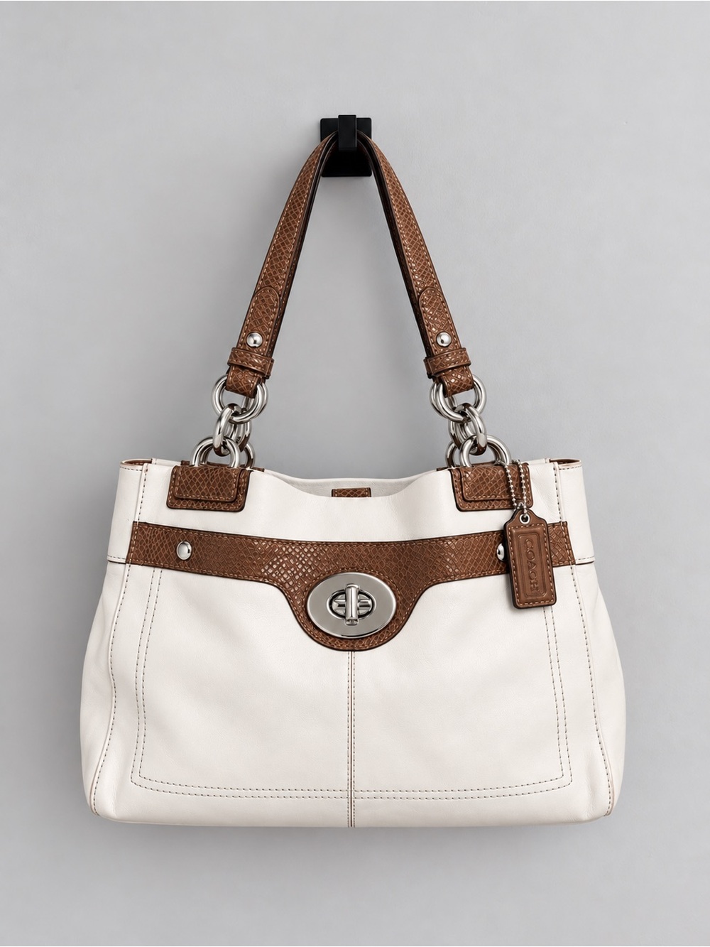 Vintage Coach Penelope Carryall Turn Lock F16531 Leather Brown Snake Skin Ivory